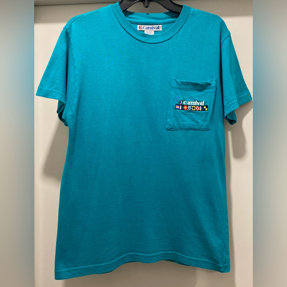 VTG Carnival Teal Blue Turquoise Short Sleeve Crew Neck T-Shirt With Pocket - S